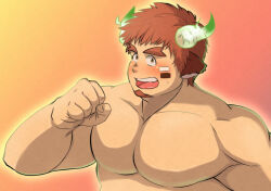 Rule 34 | 1boy, :d, animal ears, bara, blush, brown hair, clenched hand, cow boy, cow ears, cow horns, facial hair, forked eyebrows, glowing horns, goatee, horns, large pectorals, looking at viewer, male focus, muscular, muscular male, no nipples, nude, open mouth, pectorals, ragi san (ononokomachiimo), smile, solo, thick eyebrows, tokyo houkago summoners, upper body, wakan tanka