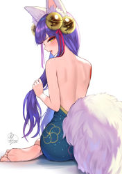 Rule 34 | 1girl, animal ears, back, bare back, bare shoulders, barefoot, bell, blunt bangs, daji (monster strike), fox ears, fox tail, from behind, hair bell, hair ornament, hair ribbon, kohanayuki, long hair, looking at viewer, monster strike, open mouth, purple hair, red ribbon, ribbon, signature, simple background, sitting, solo, tail, white background, yellow eyes