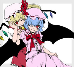 Rule 34 | 2girls, ascot, bat wings, blonde hair, blue hair, border, bow, bowtie, breasts, brooch, center frills, closed mouth, collared shirt, crystal, fangs, fangs out, flandre scarlet, frilled skirt, frills, grey border, hand on another&#039;s face, hat, hat ribbon, jewelry, kiyoichi (acacia soukyoukai), looking at another, medium hair, mob cap, multicolored wings, multiple girls, one side up, pink headwear, pink shirt, pink skirt, puffy short sleeves, puffy sleeves, red bow, red bowtie, red brooch, red eyes, red ribbon, red skirt, red vest, remilia scarlet, ribbon, ribbon-trimmed headwear, ribbon trim, shirt, short sleeves, siblings, simple background, sisters, skirt, skirt set, small breasts, touhou, vest, white background, white headwear, white shirt, wings, yellow ascot