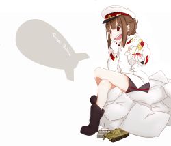 Rule 34 | 1girl, aircraft, boots, brown eyes, brown hair, controller, crossed legs, danbo (3288624), dictator, dirigible, drink, epaulettes, flag, genderswap, genderswap (mtf), gloves, hammer and sickle, hat, highres, joseph stalin, mc axis, military, military uniform, military vehicle, miniskirt, motor vehicle, nuclear weapon, peaked cap, pillow, real life, real life insert, remote control, short hair, sitting, skirt, solo, star-shaped pupils, star (symbol), symbol-shaped pupils, tank, toy, uniform, updo, vehicle, white gloves