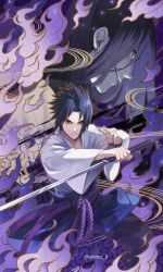 Rule 34 | 2boys, black hair, black pants, blue cape, blue hair, cape, cowboy shot, earrings, fighting stance, fire, furrowed brow, highres, holding, holding sword, holding weapon, japanese clothes, jewelry, long hair, looking at viewer, male focus, multiple boys, naruto, naruto (series), orochimaru (naruto), pants, parted bangs, red eyes, rope, sharingan, shiino 9, shirt, short hair, smirk, spiked hair, sword, twitter username, uchiha sasuke, waist cape, weapon, white shirt, wide sleeves, yellow eyes