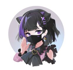 Rule 34 | 1girl, black hair, braid, clothing cutout, collared shirt, cropped torso, drill hair, earrings, hand up, horns, jewelry, long sleeves, looking at viewer, mask, miki (virtuareal), mouth mask, multicolored hair, nijisanji, pink shirt, purple eyes, qianhui, shirt, short hair, shoulder cutout, single braid, solo, streaked hair, two side up, upper body, virtual youtuber, virtuareal