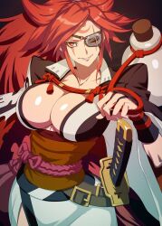 Rule 34 | 1girl, absurdres, baiken, breasts, cleavage, eyepatch, guilty gear, guilty gear strive, highres, ippo, large breasts, long hair, looking at viewer, pink hair, ponytail, red eyes, simple background, solo, weapon