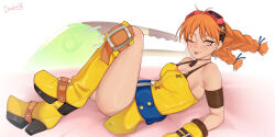 Rule 34 | 1girl, aika (eternal arcadia), belt, braid, breasts, cleavage, commentary, darahan, earrings, english commentary, eternal arcadia, flight goggles, full body, gloves, goggles, jewelry, looking at viewer, medium breasts, one eye closed, orange hair, solo, thighs, tongue, tongue out, twin braids