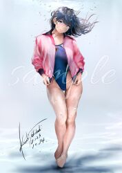 Rule 34 | 1girl, air bubble, blue eyes, blue one-piece swimsuit, bubble, competition swimsuit, dated, floating, full body, grey hair, head tilt, highleg, highleg swimsuit, highres, jacket, kazuki (aquariumseen), looking at viewer, one-piece swimsuit, open clothes, open jacket, original, pink jacket, sample watermark, signature, solo, swimsuit, underwater, watermark