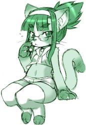 Rule 34 | 1girl, animal ears, bell, body fur, cat ears, cat girl, cat tail, eyebrows, furry, furry female, glasses, green theme, hair over shoulder, jingle bell, looking at viewer, midori (nakagami takashi), midriff, nakagami takashi, navel, original, shorts, simple background, sleeveless, solo, tail, thick eyebrows, thighhighs, toeless legwear, toes, white background