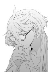 Rule 34 | 1girl, absurdres, closed mouth, collared shirt, earrings, finger to mouth, glasses, greyscale, gundam, gundam suisei no majo, highres, jewelry, long hair, long sleeves, miorine rembran, monochrome, shirt, snapagi, solo, stud earrings, upper body