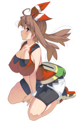 Rule 34 | 1girl, ahoge, arched back, arm support, bag, bandana, bare arms, bare legs, bare shoulders, between legs, bike shorts, breasts, brown hair, camisole, cleavage, closed mouth, collarbone, covered erect nipples, creatures (company), floating hair, from side, full body, game freak, hairband, hand between legs, highres, impossible clothes, kouno (masao), large breasts, long hair, looking afar, may (pokemon), nintendo, pocket, pokemon, pokemon oras, red camisole, red hairband, seiza, short hair with long locks, shorts, shorts under shorts, simple background, sitting, skindentation, solo, twintails, white background, white shorts, wristband, zipper