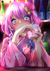 Rule 34 | 1girl, ahoge, alcohol, bad id, bad twitter id, blush, bottle, braid, closed mouth, cup, drinking glass, fingernails, flower, fumihiko (fu mihi ko), hair flower, hair ornament, heterochromia, highres, himemori luna, himemori luna (new year), holding, holding cup, hololive, japanese clothes, kimono, long hair, looking at viewer, low twin braids, multicolored hair, nail polish, pink hair, pink kimono, pink nails, purple eyes, purple hair, sake bottle, smile, solo, swept bangs, twin braids, virtual youtuber, wide sleeves