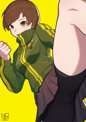 Rule 34 | 1girl, absurdres, badge, bike shorts, black skirt, brown eyes, brown hair, clenched hand, highres, leg up, light brown hair, no32 mini, persona, persona 4, persona 4 the golden, pixiv username, satonaka chie, short hair, simple background, skirt, solo, tomboy, yellow background