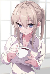 Rule 34 | 1girl, absurdres, blonde hair, blue eyes, blush, breasts, buttons, cleavage, closed mouth, coffee, coffee mug, collarbone, collared shirt, contrapposto, cup, fathom, graf zeppelin (kancolle), hair between eyes, highres, holding, holding cup, kantai collection, large breasts, looking at viewer, medium hair, morning, mug, shirt, sidelocks, smile, solo, twintails, upper body, white shirt