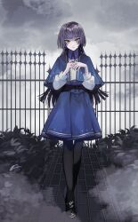 Rule 34 | 1girl, absurdres, bandages, black footwear, black hair, black pantyhose, blue capelet, blue skirt, capelet, collared shirt, eyeshadow, fence, goth fashion, highres, long hair, long sleeves, looking at viewer, makeup, original, own hands together, pale skin, pantyhose, path, road, scenery, school uniform, shirt, skirt, solo, straight hair, teizen (niwamaee), white shirt, yellow eyes