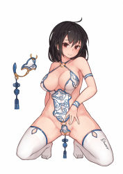 Rule 34 | 1girl, anal, anal ball wear, anal object insertion, armlet, bare shoulders, black hair, bracelet, breasts, brown eyes, center opening, chinese clothes, clitoris cutout, covered navel, facing viewer, full body, highres, insertion clothing, jewelry, kneeling, large breasts, long hair, looking at viewer, medium breasts, nib pen (medium), no bra, no panties, no shoes, o-ring, object insertion, original, partially visible vulva, signature, simple background, solo, stmast, tassel, thighhighs, traditional media, white background