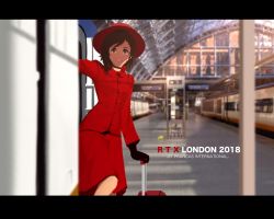 Rule 34 | 1girl, 2018, alternate costume, black gloves, black hair, blurry, choker, dated, depth of field, dishwasher1910, english text, formal, gloves, grey eyes, hat, highres, indoors, jacket, looking at viewer, luggage, photo background, red hat, red suit, ruby rose, rwby, skirt, solo, suit, train, train station, train station platform