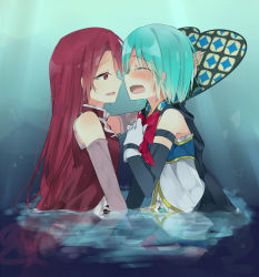 Rule 34 | 2girls, :d, bare shoulders, blue hair, blush, bow, bowtie, cape, closed eyes, cosplay, crying, dark persona, face-to-face, fang, female focus, hair down, kakizato, light blue hair, long hair, looking at another, magical girl, mahou shoujo madoka magica, mahou shoujo madoka magica (anime), miki sayaka, multiple girls, oktavia von seckendorff, oktavia von seckendorff (cosplay), open mouth, partially submerged, red eyes, red hair, reflection, ribbon, sakura kyoko, short hair, sleeveless, smile, spoilers, tears, water, wet, wet clothes, wet hair, yuri