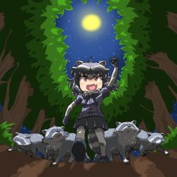 Rule 34 | 1girl, animal, animal ears, black hair, common raccoon (kemono friends), gloves, hand up, kemono friends, march, moon, multicolored hair, open mouth, smile, tail, umikazenet3
