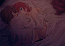 Rule 34 | 1boy, 1girl, bad id, bad pixiv id, bed sheet, bite mark, blue eyes, brown hair, clothed male nude female, couple, from above, futon, gintama, groin, indoors, kagura (gintama), long sleeves, lying, navel, nude, okita sougo, on side, open clothes, open shirt, orange hair, pillow, shirt, short hair, szzz k, under covers, white shirt