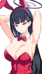 Rule 34 | 1girl, alternate costume, animal ears, armpits, arms up, black hair, blue archive, bow, bowtie, breasts, bright pupils, cleavage, detached collar, fake animal ears, halo, highres, large breasts, leotard, long hair, looking at viewer, notice miura, rabbit ears, red bow, red bowtie, red eyes, red leotard, rio (blue archive), simple background, sketch, solo, straight hair, strapless, strapless leotard, upper body, very long hair, white background, white pupils