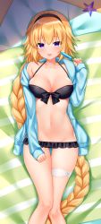 Rule 34 | 1girl, absurdres, beach mat, bikini, black bikini, blonde hair, blue eyes, blue jacket, braid, breasts, bridal garter, cleavage, collarbone, fate/grand order, fate (series), feet out of frame, food, frilled bikini, frills, front-tie bikini top, front-tie top, groin, hairband, halterneck, hand up, highres, holding, jacket, jeanne d&#039;arc (fate), jeanne d&#039;arc (ruler) (fate), jeanne d&#039;arc (swimsuit archer) (fate), jeanne d&#039;arc (swimsuit archer) (first ascension) (fate), large breasts, long hair, long sleeves, looking at viewer, lying, navel, on back, open clothes, open jacket, open mouth, popsicle, shouu-kun, single braid, smile, solo, starfish, stomach, string bikini, swimsuit, thigh gap, thighs, very long hair
