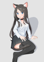 Rule 34 | 1girl, absurdres, aina (mao lian), animal ears, black hair, black skirt, black thighhighs, blue eyes, breasts, cat ears, cat tail, choker, cleavage, grey background, highres, long hair, mao lian (nekokao), open mouth, original, shirt, simple background, sitting, skirt, solo, tail, thighhighs, white shirt