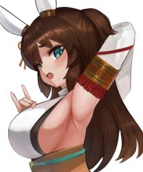 Rule 34 | 1girl, animal ears, armpits, blush, breasts, brown hair, commentary request, detached sleeves, dokomon, ear covers, green eyes, grey background, hair between eyes, highres, horse ears, horse girl, inari one (fields of gold) (umamusume), inari one (umamusume), large breasts, looking at viewer, obi, official alternate costume, official alternate hairstyle, presenting armpit, sash, short hair, simple background, solo, sweat, two side up, umamusume, white sleeves, wide sleeves