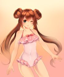 Rule 34 | 1girl, brown hair, covered navel, creatures (company), double bun, drawfag, game freak, green eyes, hair bun, highres, lipstick, long hair, looking at viewer, makeup, nintendo, one-piece swimsuit, one eye closed, pokemon, pokemon bw2, rosa (pokemon), smile, solo, standing, swimsuit, twintails