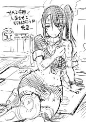 Rule 34 | 10s, 1girl, bruise, butcha-u, greyscale, injury, kantai collection, long hair, lying, monochrome, nachi (kancolle), navel, on side, personification, side ponytail, sketch, torn clothes, translation request