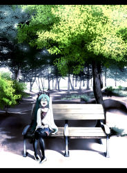 Rule 34 | 1girl, aqua hair, bench, book, closed eyes, drooling, hatsune miku, letterboxed, long hair, mozuku doukoukai, open mouth, park, park bench, pigeon-toed, pleated skirt, saliva, shade, shadow, shirt, sitting, skirt, sleeping, sleeping upright, solo, striped clothes, striped shirt, sunlight, thighhighs, tree, twintails, very long hair, vocaloid