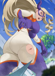 Rule 34 | 1girl, absurdres, ass, ass focus, back, blonde hair, blue sky, bodysuit, boku no hero academia, breasts, bright pupils, day, domino mask, dynamic pose, from behind, from below, giant, giantess, gloves, hair flowing over, highres, horns, huge ass, ice, koyap, large breasts, long hair, looking at viewer, looking back, looking down, mask, mount lady, open mouth, outdoors, pantylines, pov, red eyes, skindentation, sky, solo, superhero costume, thick thighs, thighs, tight clothes, tongue, torn clothes
