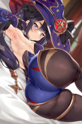 Rule 34 | 1girl, armpits, ass, ass focus, bed sheet, black ribbon, blue eyes, blue hair, blue hat, blurry, blurry background, breasts, brown pantyhose, cle masahiro, closed mouth, dark blue hair, genshin impact, hair between eyes, hair ribbon, hat, huge ass, leotard, long hair, looking at viewer, lying, medium breasts, mona (genshin impact), on side, pantyhose, ribbon, solo, thick thighs, thighs, witch hat