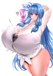 Rule 34 | !?, 1girl, absurdres, black bra, blue hair, blush, bra, breasts, bursting breasts, button gap, chestnut mouth, cleavage, cowboy shot, doinaka, female focus, gigantic breasts, highres, kotonoha aoi, long hair, looking at viewer, popped button, red eyes, see-through, see-through shirt, shiny skin, shirt, sidelocks, solo, standing, sweat, thick thighs, thighs, underwear, very long hair, voiceroid, white shirt, wide sleeves