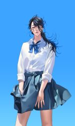 Rule 34 | 1girl, asae (1313604a), bad id, bad twitter id, black hair, blue background, blue bow, blue bowtie, blue eyes, blue skirt, bow, bowtie, collared shirt, cowboy shot, dress shirt, fingernails, frown, hair over one eye, highres, lips, long hair, long sleeves, looking down, miniskirt, one eye covered, original, school uniform, shirt, skirt, sleeves rolled up, solo, white shirt, wind