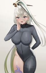Rule 34 | 1girl, asymmetrical clothes, bodysuit, breasts, covered navel, fate/grand order, fate (series), gradient hair, green hair, grey bodysuit, grey eyes, hair between eyes, hair ornament, hairpin, highleg, highres, higofushi, huyan zhuo (fate), huyan zhuo (second ascension) (fate), large breasts, long hair, long sleeves, looking at viewer, multicolored hair, open mouth, single pantsleg, smile, solo, thighs, very long hair, white hair