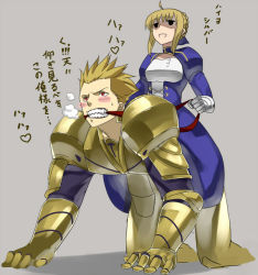 Rule 34 | 1boy, 1girl, ahoge, armor, artoria pendragon (fate), blonde hair, blush, blush stickers, breath, dress, earrings, fate/stay night, fate/zero, fate (series), femdom, gauntlets, gilgamesh (fate), girl on top, jewelry, red eyes, reins, riding, saber (fate), sitting, sitting on person, translation request, velzhe