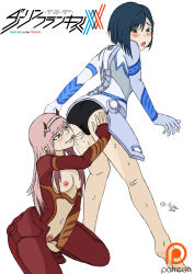 Rule 34 | 10s, ass, barefoot, blue hair, blush, bodysuit, darling in the franxx, green eyes, horns, ichigo (darling in the franxx), long hair, no shoes, pink hair, shiny skin, single horn, smile, soles, tongue, tongue out, underwear, white background, zero two (darling in the franxx)