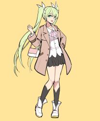Rule 34 | 1girl, alternate costume, ascot, bag, black skirt, black socks, boots, brown coat, coat, collared shirt, commentary request, frey (rune factory), full body, green eyes, green hair, hair ribbon, hand on own hip, hand up, highres, kneehighs, korean commentary, long hair, long sleeves, looking at viewer, open clothes, open coat, open mouth, pink ascot, pleated skirt, ribbon, rune factory, rune factory 4, shirt, skirt, smile, socks, solo, standing, tb (spr1110), twintails, very long hair, white footwear, white shirt, yellow background