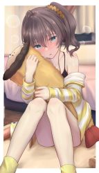 Rule 34 | 1girl, absurdres, aqua eyes, bedroom, blush, brown hair, camisole, ebi frion (natsuiro matsuri), hair between eyes, highres, hinataaoi (iraiuketsukechuu), hololive, hood, hooded jacket, hugging doll, hugging object, indoors, jacket, looking at viewer, loungewear, natsuiro matsuri, natsuiro matsuri (matsuri&#039;s day off), off shoulder, pajamas, scrunchie, short hair, side ponytail, sitting, solo, spaghetti strap, striped clothes, striped jacket, virtual youtuber, yellow jacket, yellow scrunchie