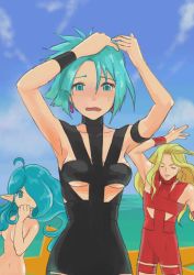 Rule 34 | 1boy, 2girls, absurdres, armband, black dress, blonde hair, blue eyes, blue hair, blush, breasts, commentary request, dress, earrings, closed eyes, grandia, grandia i, highres, hot limit, jewelry, leen (grandia), lio (lune24), long hair, looking at viewer, mermaid, monster girl, mullen (grandia), multiple girls, nude, pointy ears, short hair, sweatdrop, t.m.revolution, underboob, wavy mouth, wristband