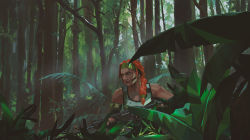 Rule 34 | 1girl, armband, assault rifle, bare shoulders, braid, branch, camouflage, camouflage shirt, closed mouth, collarbone, commentary, dark-skinned female, dark skin, earphones, english commentary, fingerless gloves, foliage, forest, gloves, green eyes, gun, headband, highres, holding, holding gun, holding weapon, leaf, looking ahead, nature, orange hair, original, rifle, scenery, shirt, side ponytail, sketch, skye (valorant), snatti, solo, toned, tree, upper body, valorant, weapon