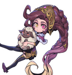 Rule 34 | 1girl, animal, blonde hair, blush stickers, braid, brown hair, capelet, foot out of frame, freckles, gem, hair ornament, heterochromia, holding, holding animal, league of legends, long hair, long sleeves, looking at viewer, phantom ix row, pink capelet, pink eyes, sheep, shoes, simple background, smile, solo, thighhighs, white background, winterblessed zoe, yellow eyes, zoe (league of legends)