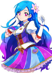 Rule 34 | 10s, 1girl, aikatsu!, aikatsu! (series), belt, blue hair, blush, braid, breasts, commentary request, elbow gloves, flower, gloves, gradient hair, hair flower, hair ornament, hand on own cheek, hand on own face, idol, kazesawa sora, long hair, looking at viewer, mole, mole under mouth, multicolored clothes, multicolored hair, multicolored skirt, navel, necktie, puffy short sleeves, puffy sleeves, purple eyes, purple hair, short sleeves, side braid, single braid, skirt, small breasts, smile, solo, tsunemi aosa, vest, white gloves