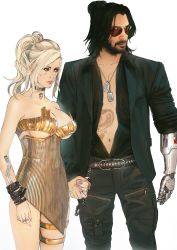 Rule 34 | 1boy, 1girl, absurdres, alternate costume, alternate hairstyle, altiera cunningham, argent moon, aviator sunglasses, black hair, blonde hair, breasts, choker, cowboy shot, cyberpunk (series), cyberpunk 2077, dog tags, dress, expressionless, facial hair, hair bun, highres, holding hands, jacket, johnny silverhand, looking to the side, mechanical arms, nail polish, navel, no bra, open clothes, open jacket, open shirt, red eyes, single mechanical arm, sunglasses, tattoo, underboob, white background