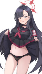 Rule 34 | 1girl, ;d, absurdres, armband, asymmetrical bangs, bamiyanpixel, black choker, black hair, black panties, black serafuku, black wings, blue archive, blunt bangs, blush, choker, clothes lift, commentary, feathered wings, halo, highres, ichika (blue archive), lifted by self, long hair, long sleeves, looking at viewer, navel, neckerchief, one eye closed, open mouth, panties, pleated skirt, red armband, red halo, red neckerchief, school uniform, serafuku, simple background, skirt, skirt lift, smile, solo, stomach, underwear, very long hair, white background, wings
