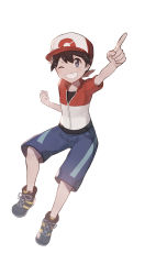 Rule 34 | 1boy, absurdres, arm up, baseball cap, black shirt, blue pants, brown hair, capri pants, chase (pokemon), clenched hand, commentary request, creatures (company), game freak, grey eyes, grin, hair between eyes, hat, highres, index finger raised, jacket, knees, light blush, looking at viewer, male focus, nintendo, odd (hin yari), one eye closed, pants, pokemon, pokemon lgpe, shirt, shoes, short sleeves, simple background, smile, solo, teeth, white background