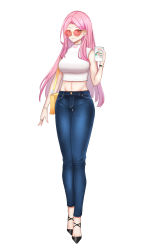Rule 34 | 1girl, bare shoulders, black footwear, blue pants, bracelet, breasts, closed mouth, coffee mug, cup, denim, disposable cup, english text, forehead, full body, glasses, hand up, highres, holding, holding cup, jeans, jewelry, large breasts, lenxiao, long hair, looking at viewer, midriff, mug, orange eyes, original, pants, parted bangs, pink hair, red-framed eyewear, red-tinted eyewear, ring, round eyewear, shirt, shoes, simple background, sleeveless, sleeveless shirt, smile, solo, standing, tinted eyewear, very long hair, watch, white background, white shirt, wristwatch