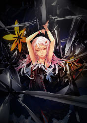 Rule 34 | 10s, 1girl, armpits, arms up, bare shoulders, boots, bracelet, collarbone, dress, face, female focus, flower, guilty crown, hair ornament, hairclip, highres, jewelry, long hair, looking at viewer, low twintails, nail polish, official art, open mouth, pink hair, red eyes, redjuice, solo, thigh boots, thighhighs, twintails, yuzuriha inori