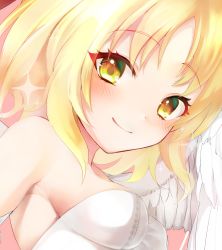 Rule 34 | 1girl, blonde hair, blush, breasts, closed mouth, commentary request, dress, eyelashes, gengetsu (touhou), happy, highres, inuimahirocha, looking at viewer, off-shoulder dress, off shoulder, short hair, sideboob, smile, strapless, strapless dress, touhou, touhou (pc-98), wedding dress, white dress, yellow eyes