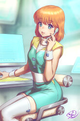 Rule 34 | 1girl, bare shoulders, blue eyes, blurry, blurry background, blush, breasts, buttons, commentary, commission, dress, fingernails, fujii eishun, hand up, headset, highres, lips, looking at viewer, orange hair, parted lips, phantasy star, phantasy star ii, short dress, short hair, signature, simple background, sitting, sleeveless, small breasts, smile, solo, thighhighs, wristband, zettai ryouiki