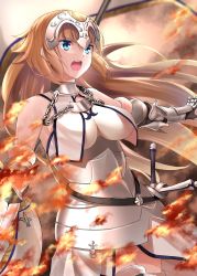 Rule 34 | 1girl, :o, absurdres, armor, armored dress, banner, blonde hair, blue eyes, breasts, commentary request, fate/grand order, fate (series), fire, flagpole, gauntlets, headpiece, highres, huge filesize, jeanne d&#039;arc (fate), jeanne d&#039;arc (ruler) (fate), jeanne d&#039;arc (third ascension) (fate), large breasts, long hair, solo, sword, takenoko 27074918, very long hair, weapon