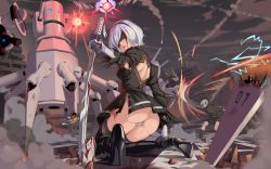 Rule 34 | 1boy, 1girl, absurdres, ass, black dress, blood, boots, dress, hairband, highres, kneeling, long sleeves, nier (series), nier:automata, oguro (xhlj), puffy sleeves, robot, sword, thigh boots, thighhighs, torn clothes, weapon, white hair, 2b (nier:automata), 9s (nier:automata)